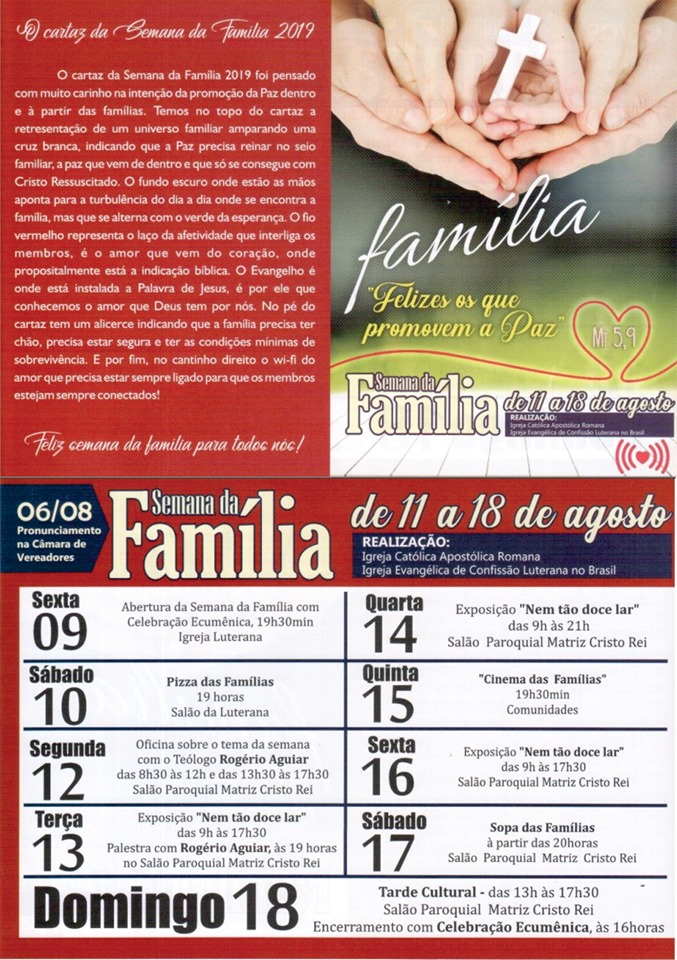 Semana da Família será comemorado em Canoinhas com abertura na Câmara de Vereadores na terça-feira dia 6